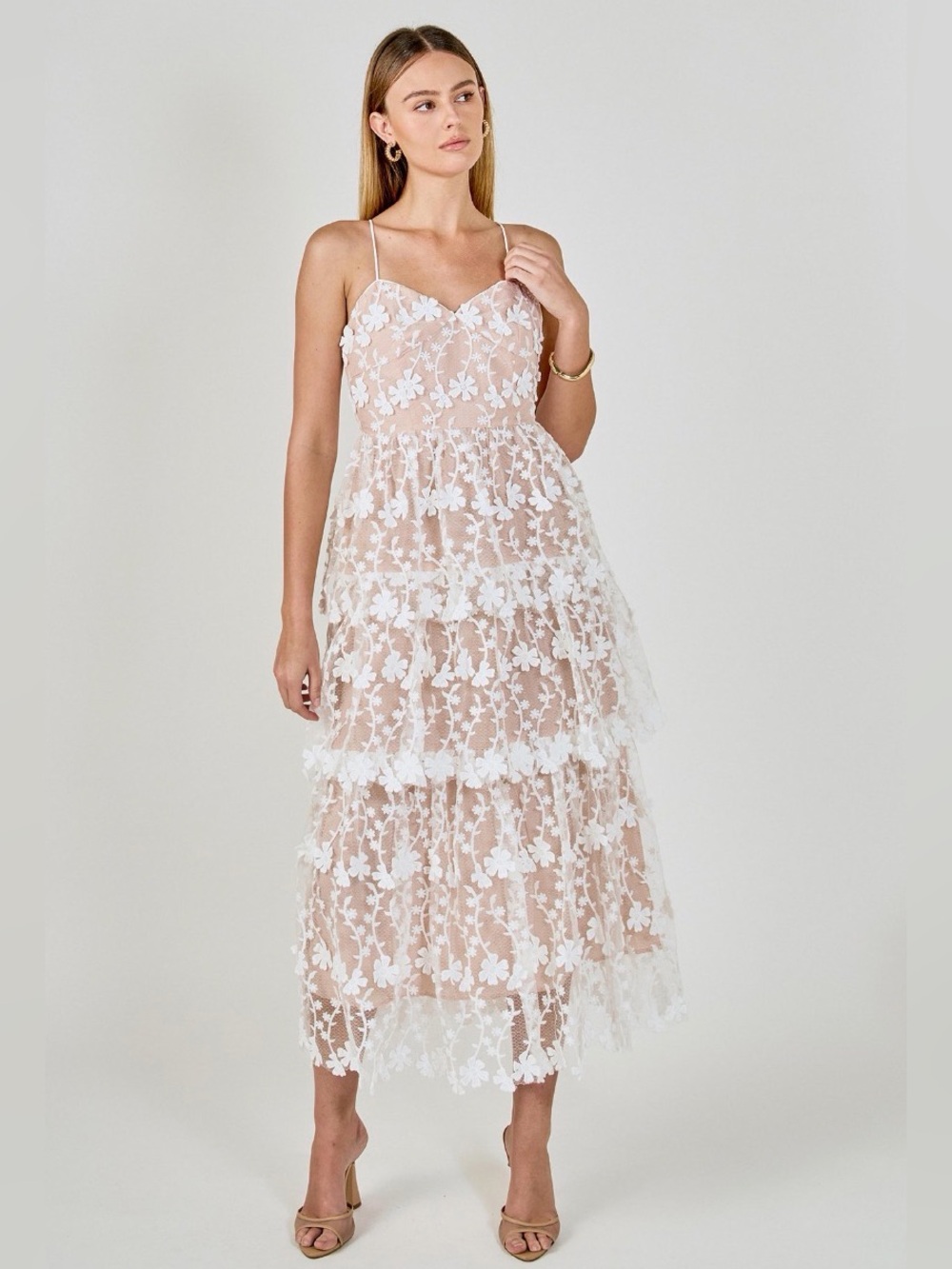 Endless Rose Floral Embroidered Tiered Lace Midi Dress